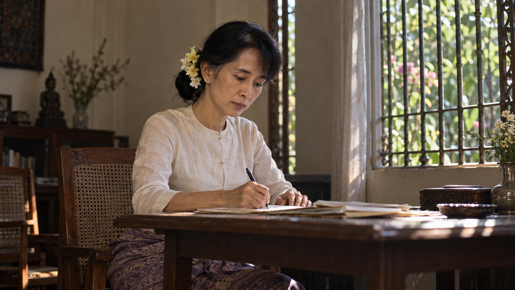 AI-generated editorial recreation of Aung San Suu Kyi in the setting connected to the 1990 quotation.