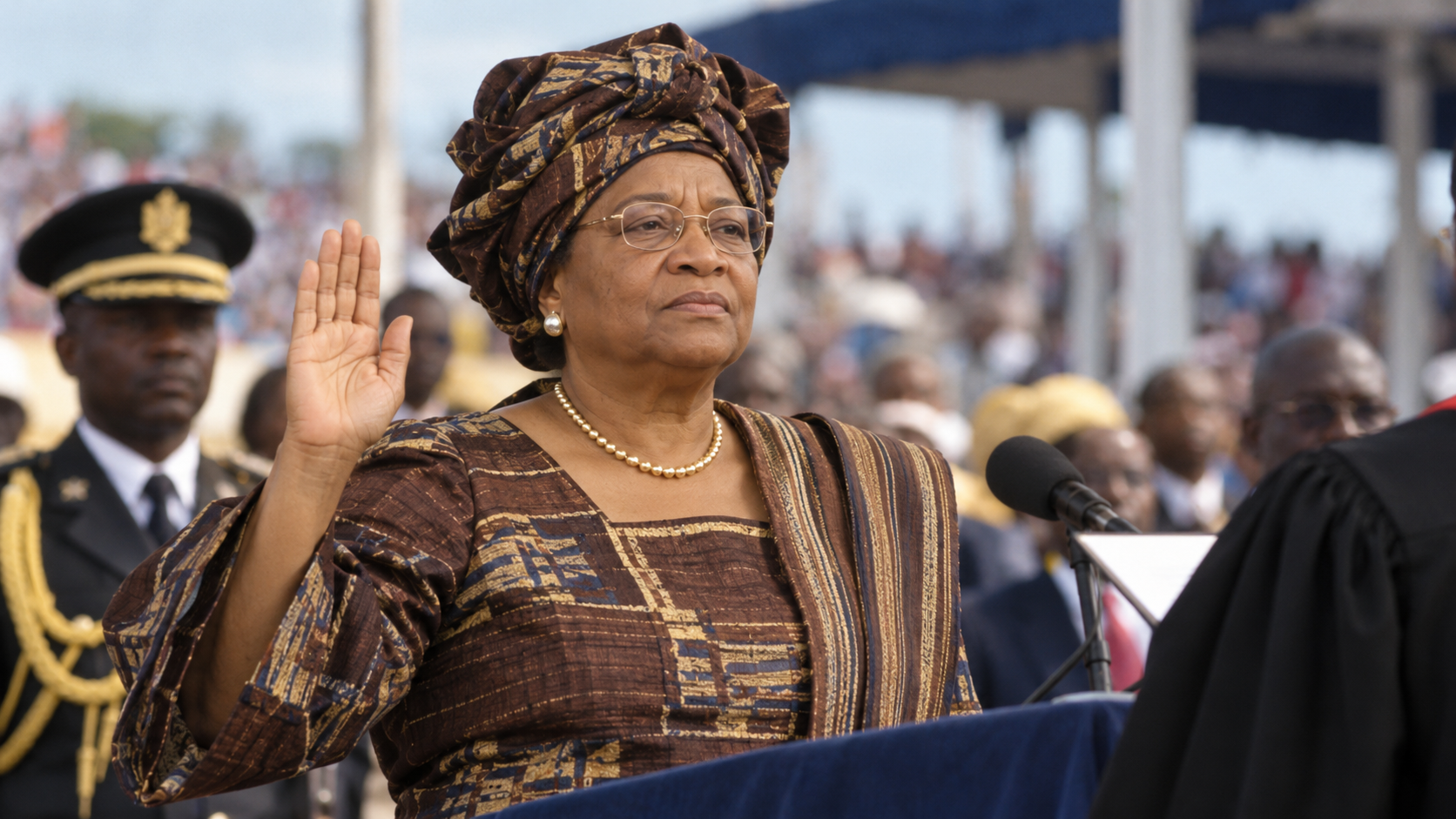 AI-generated editorial recreation of Ellen Johnson Sirleaf in the setting connected to the 2006 quotation.