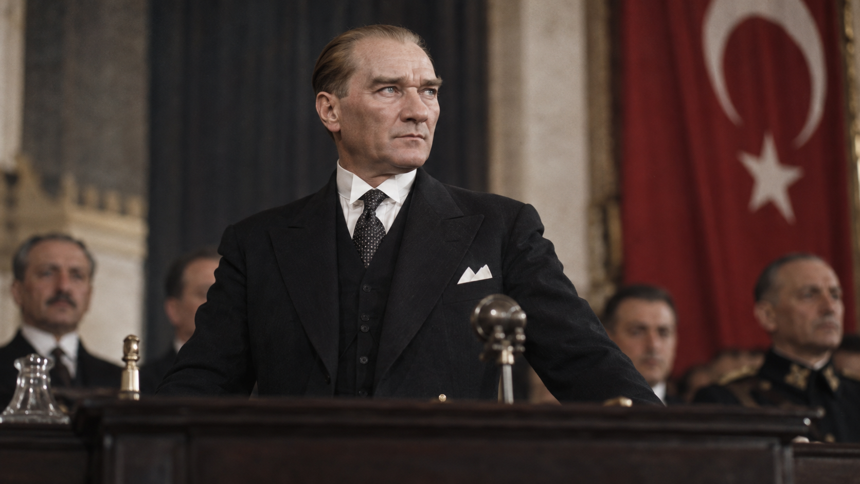 AI-generated editorial recreation of Mustafa Kemal Atatürk in the setting connected to the 1931 quotation.