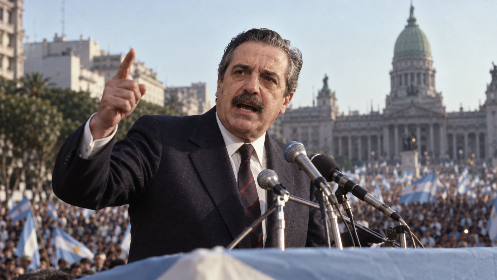 AI-generated editorial recreation of Raúl Alfonsín in the setting connected to the 1983 quotation.