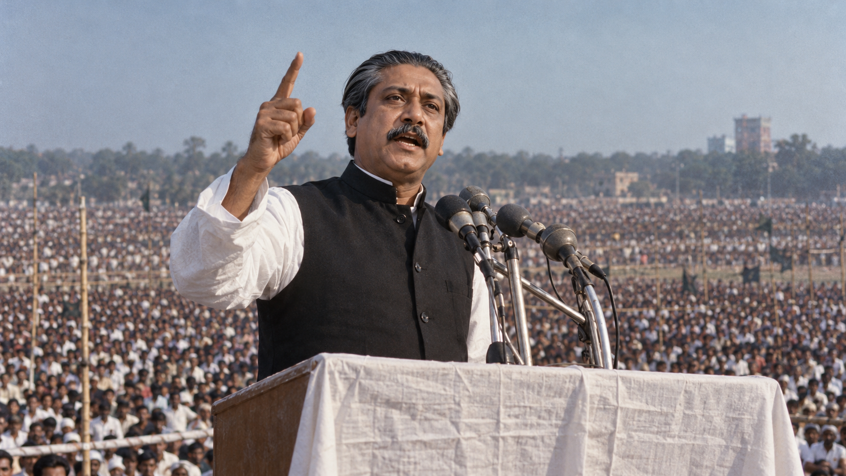 AI-generated editorial recreation of Sheikh Mujibur Rahman in the setting connected to the 1971 quotation.