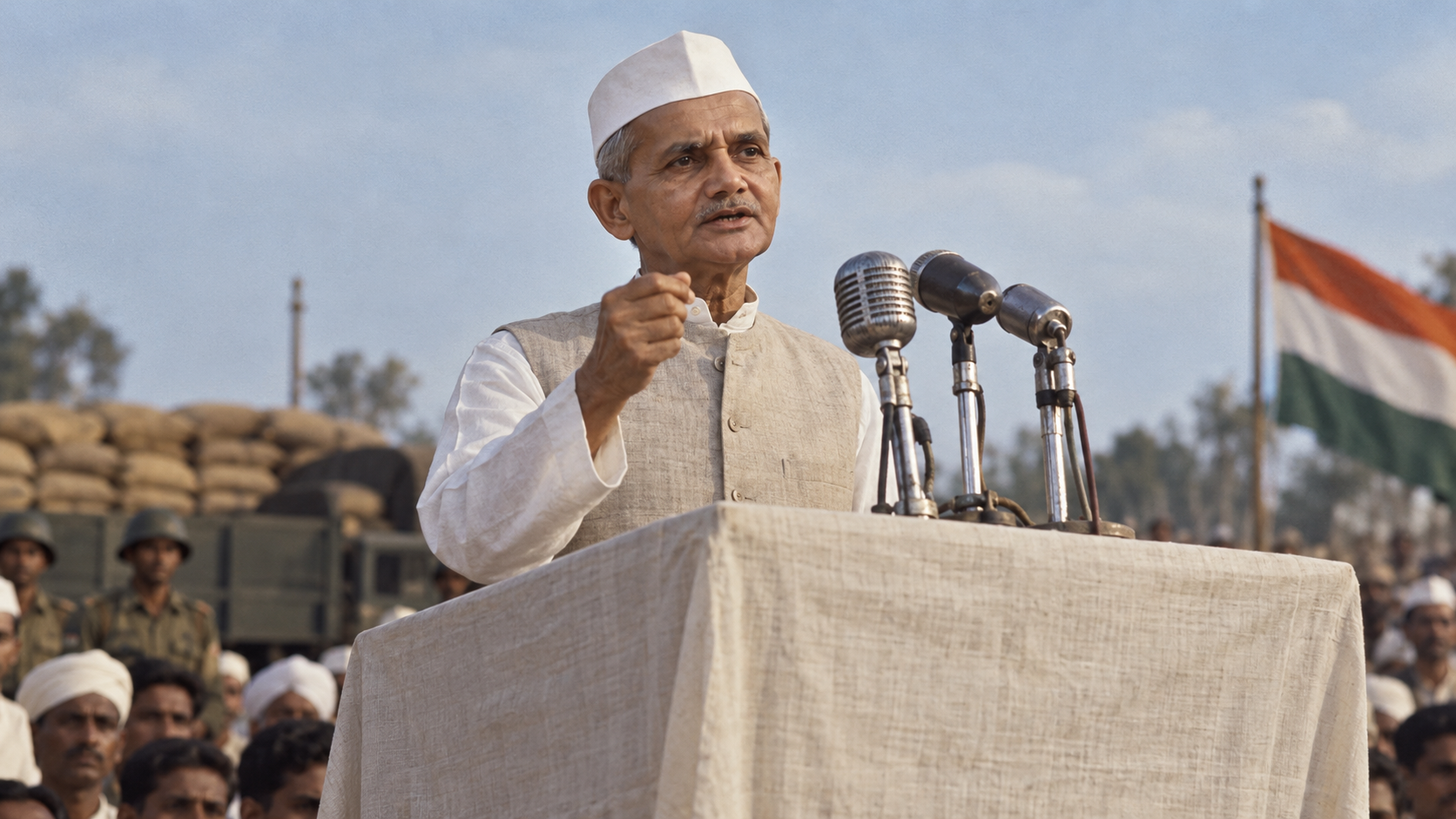 AI-generated editorial recreation of Lal Bahadur Shastri in the setting connected to the 1965 quotation.