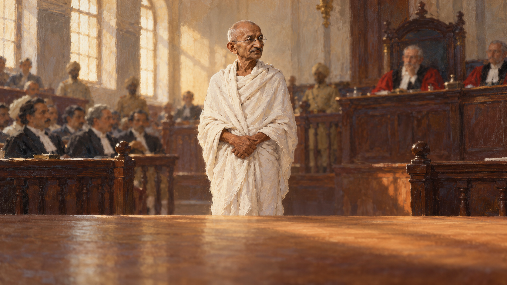 AI-generated editorial recreation of Mahatma Gandhi in the setting connected to the 1922 quotation.