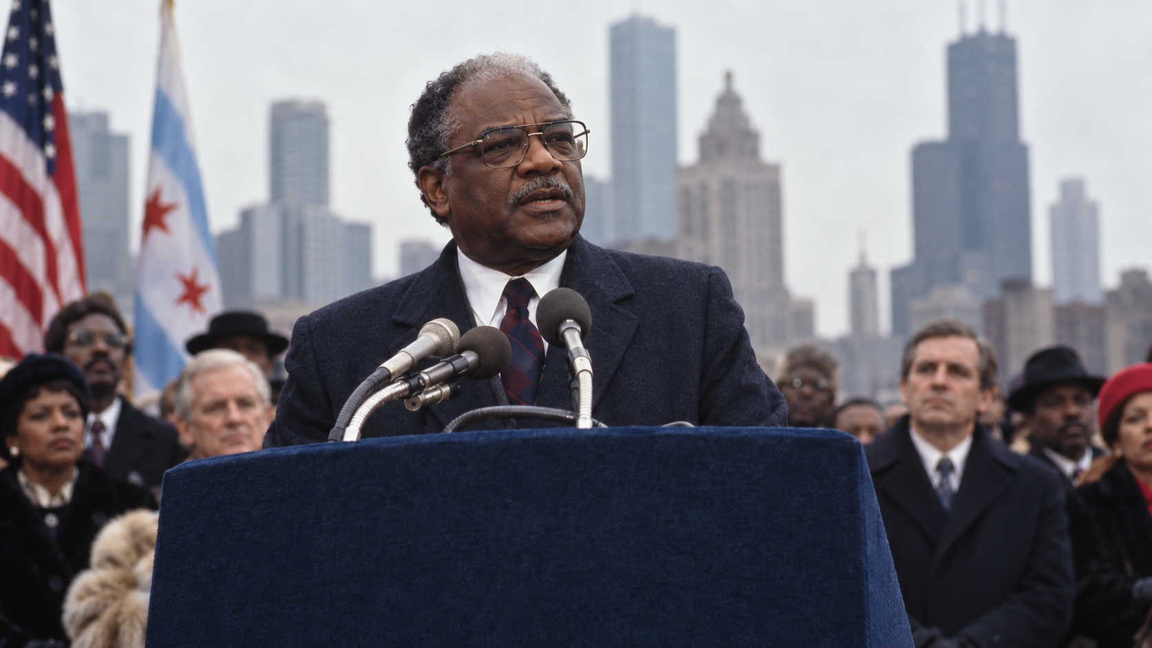 AI-generated editorial recreation of Harold Washington in the setting connected to the 1983 quotation.