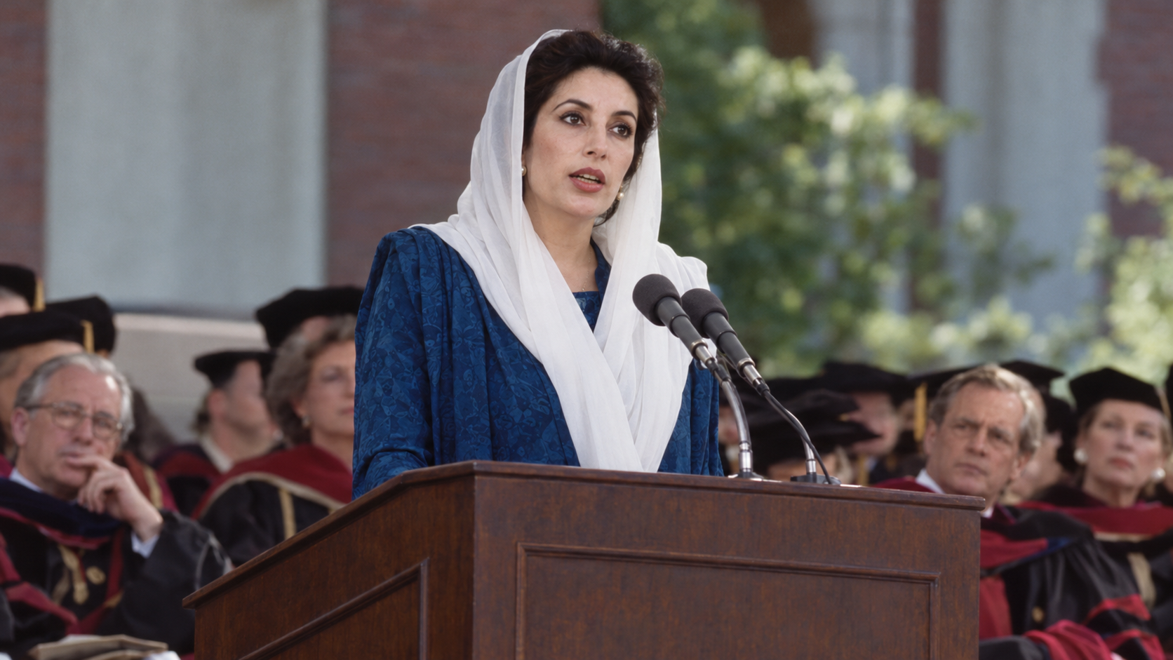 AI-generated editorial recreation of Benazir Bhutto in the setting connected to the 1989 quotation.