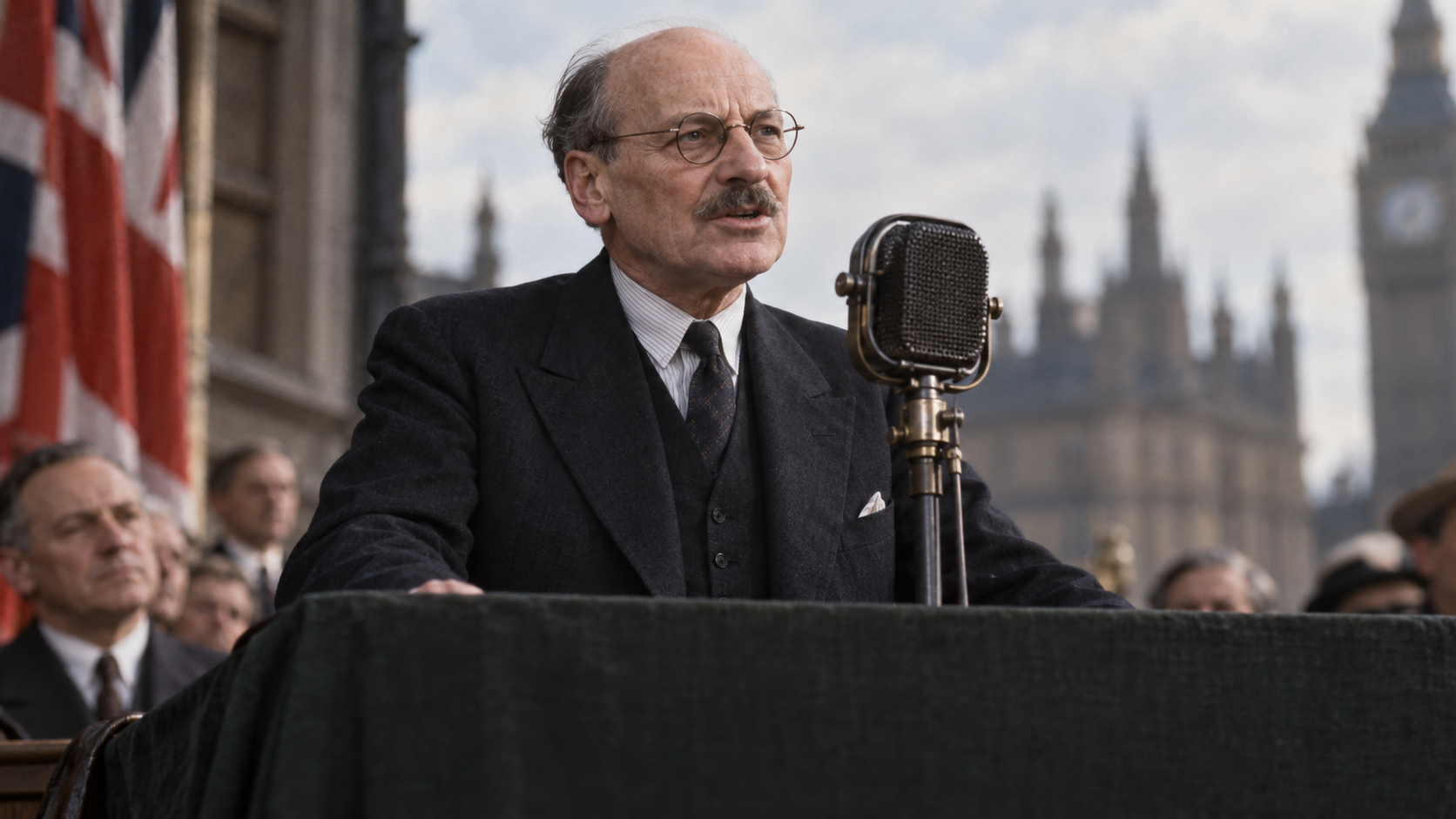 AI-generated editorial recreation of Clement Attlee in the setting connected to the 1945 quotation.