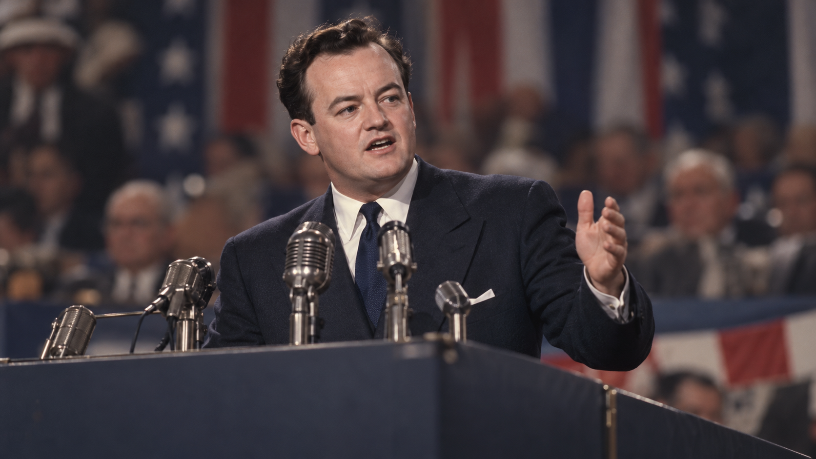 AI-generated editorial recreation of Hubert Humphrey in the setting connected to the 1948 quotation.
