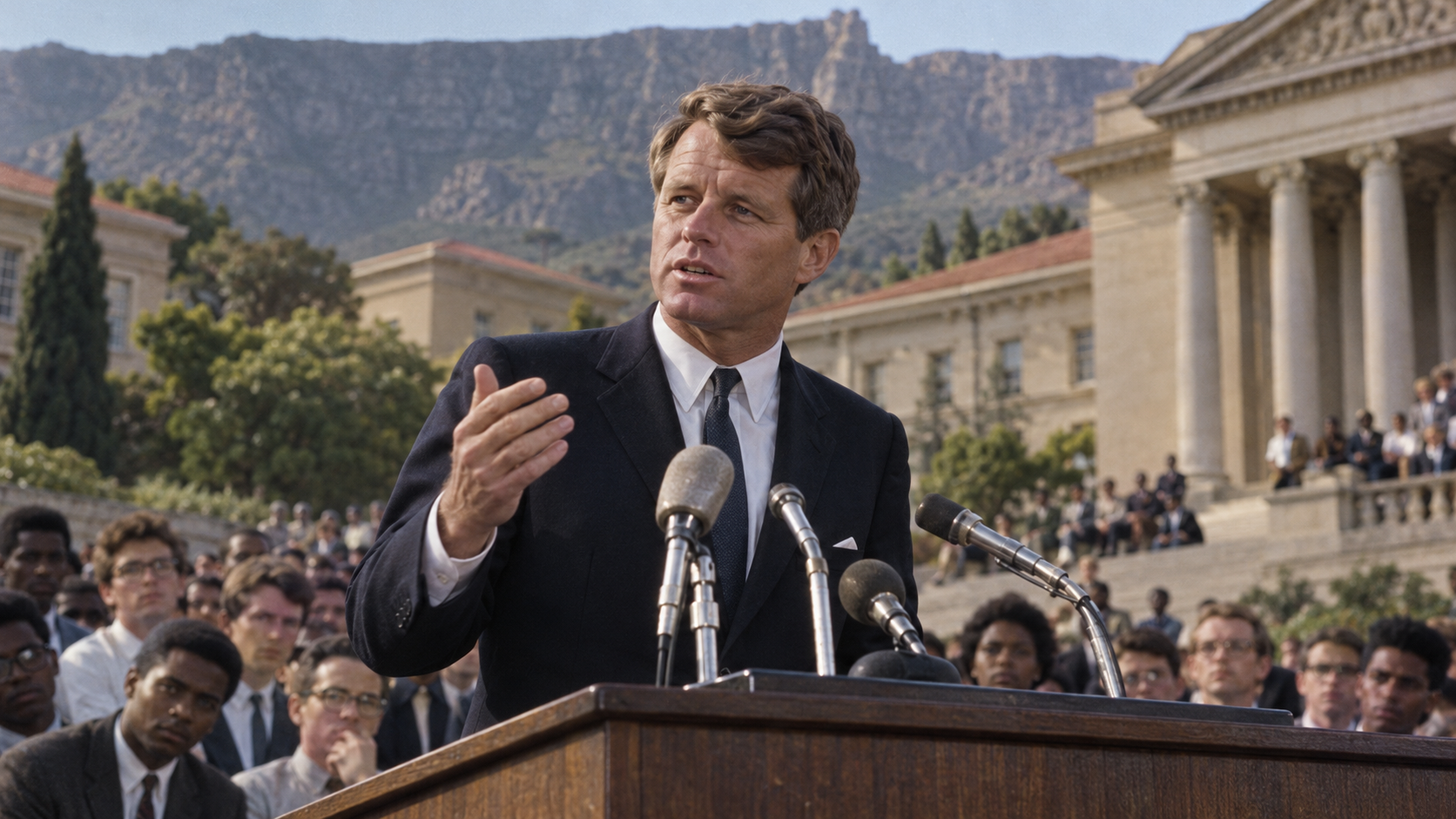 AI-generated editorial recreation of Robert F. Kennedy in the setting connected to the 1966 quotation.