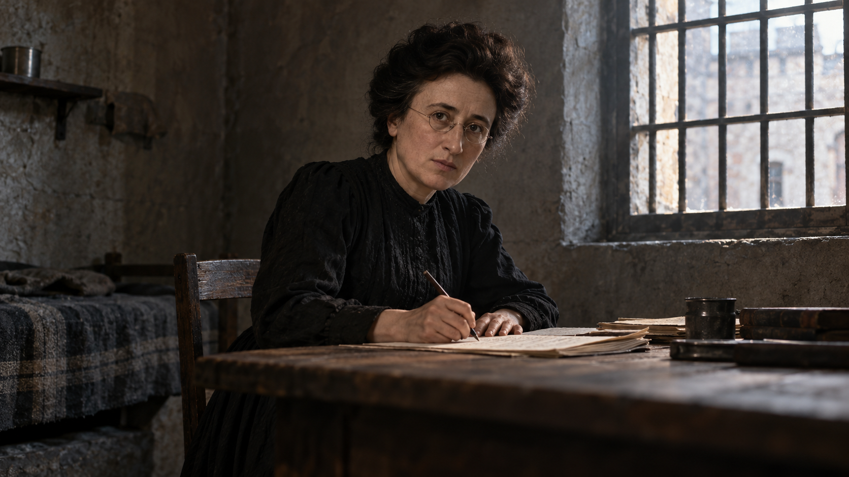 AI-generated editorial recreation of Rosa Luxemburg in the setting connected to the 1918 quotation.