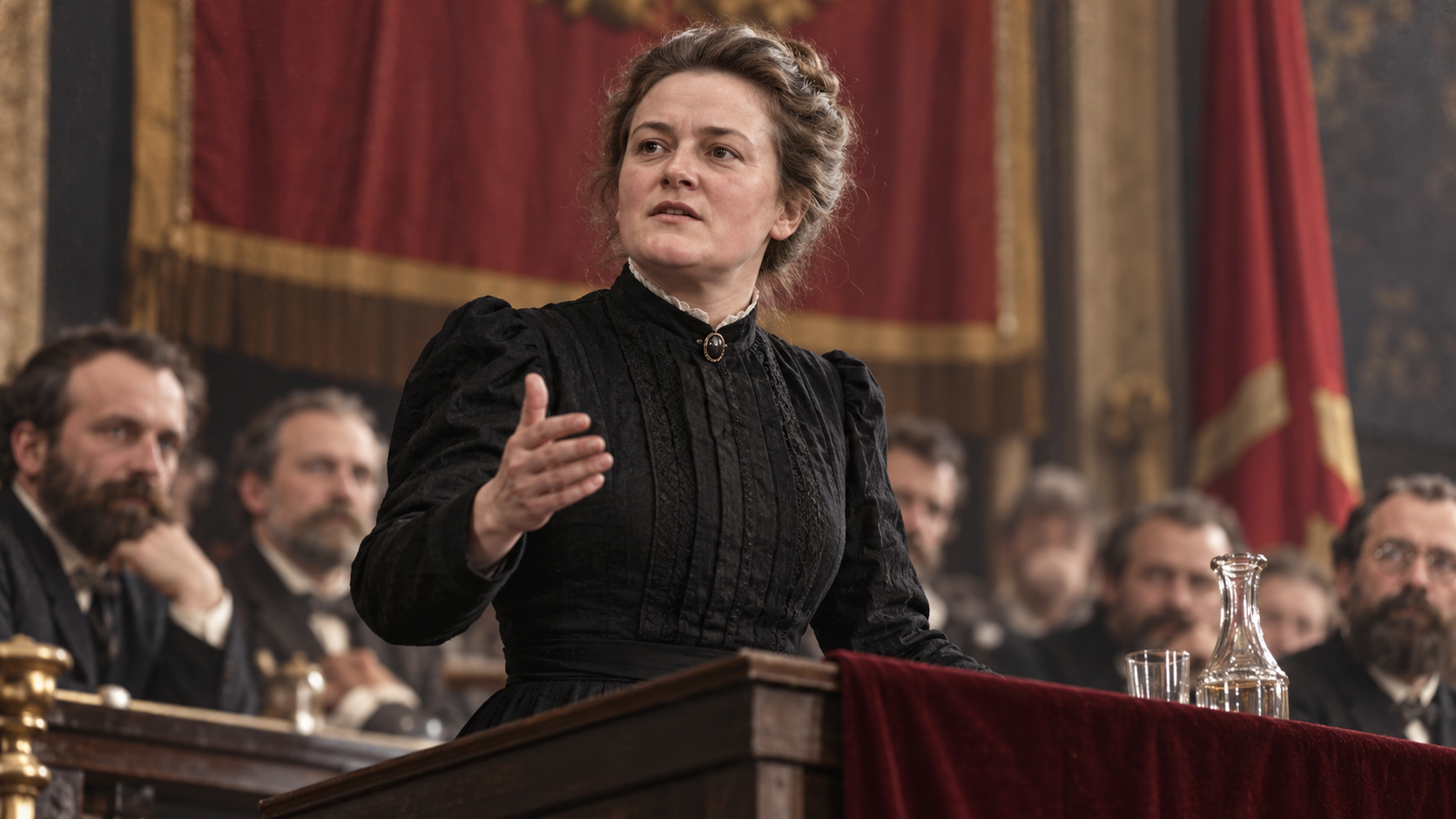 AI-generated editorial recreation of Clara Zetkin in the setting connected to the 1896 quotation.