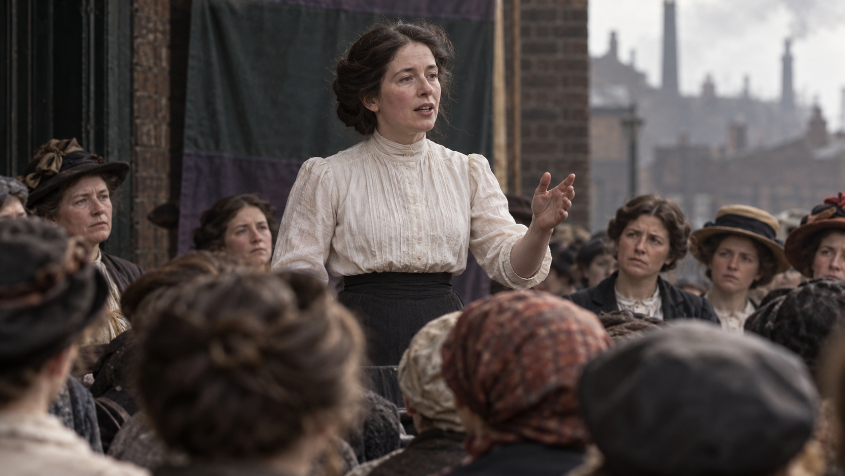 AI-generated editorial recreation of Sylvia Pankhurst in the setting connected to the 1913 quotation.
