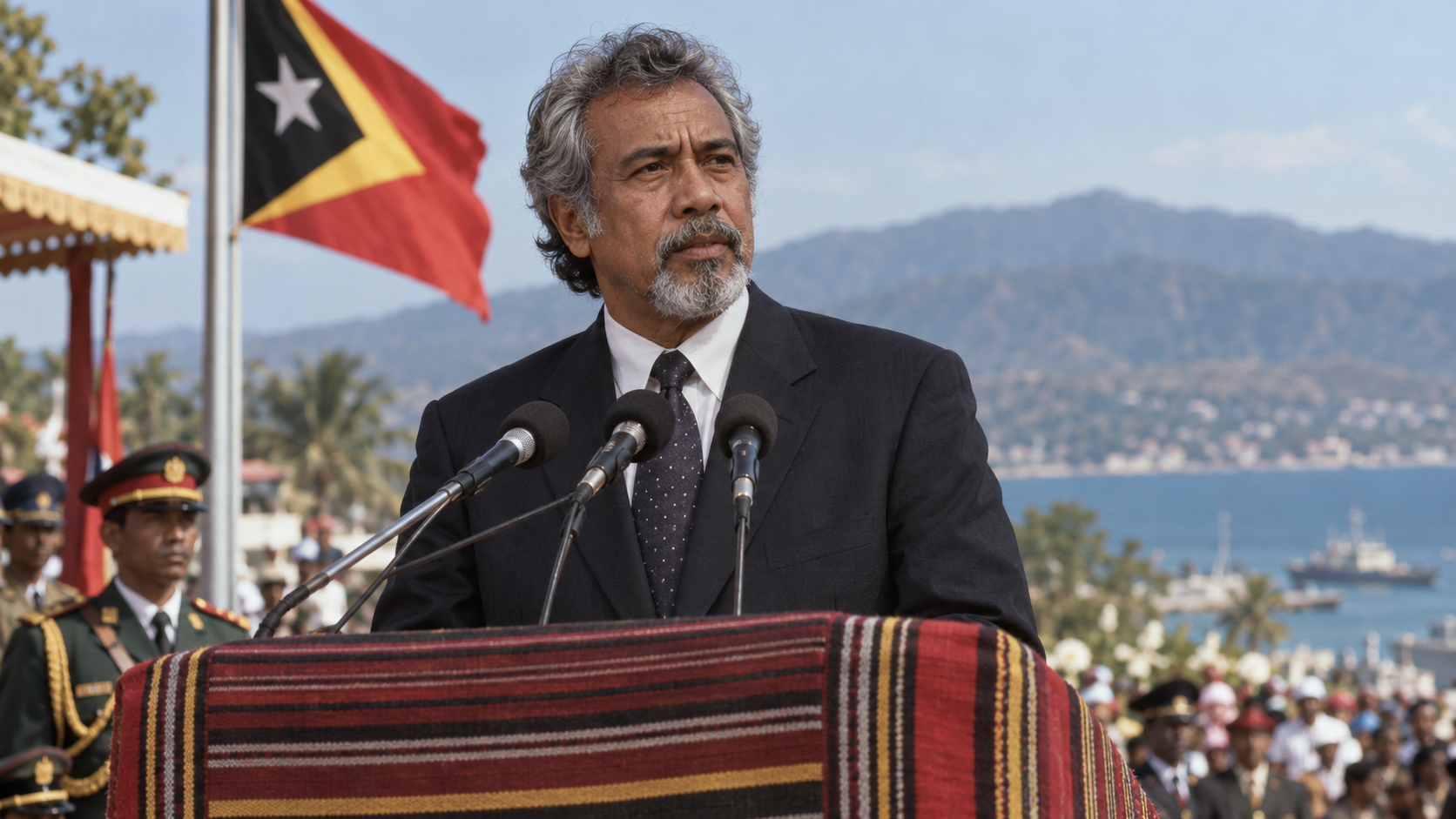 AI-generated editorial recreation of Xanana Gusmão in the setting connected to the 2002 quotation.