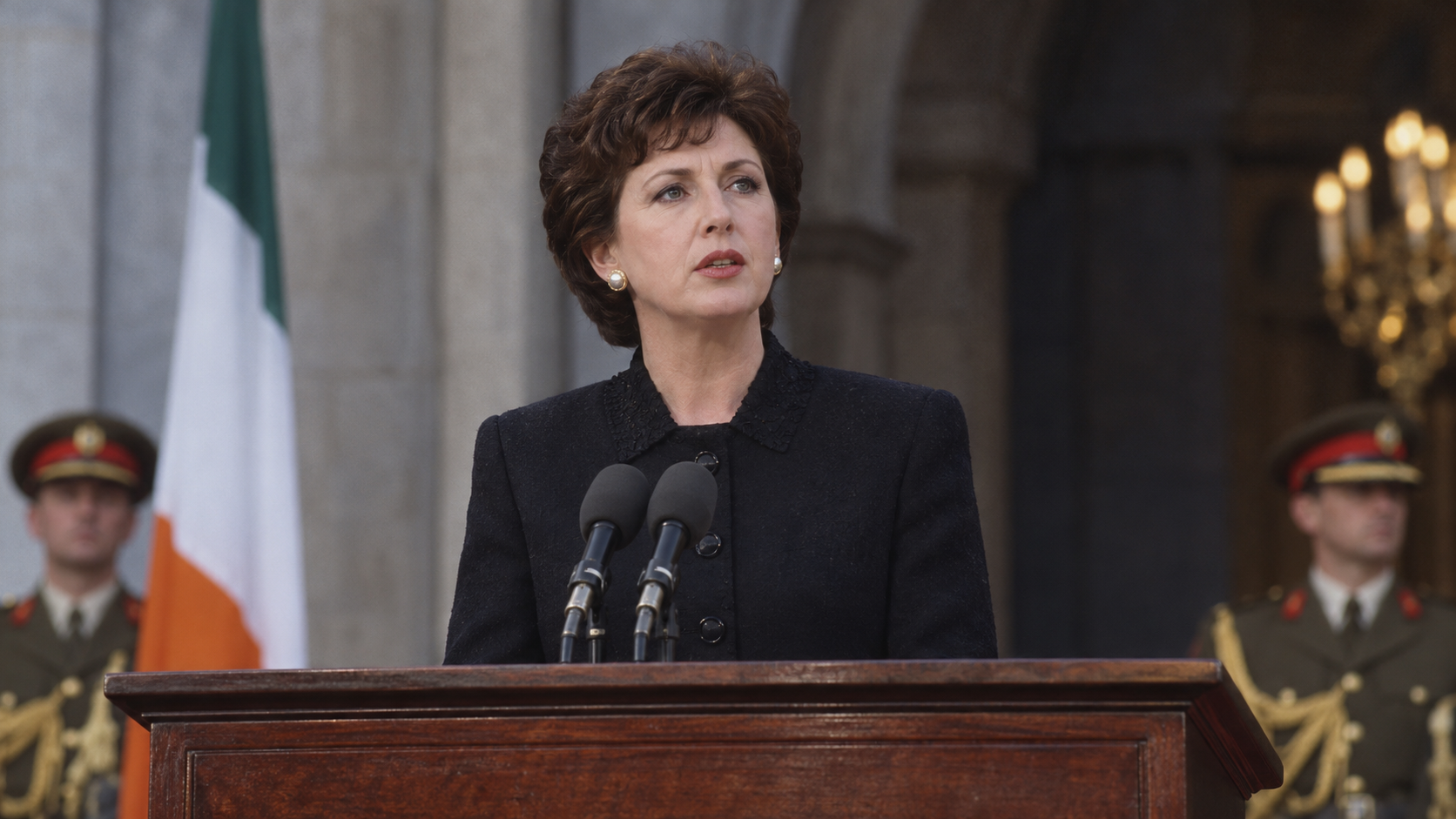 AI-generated editorial recreation of Mary McAleese in the setting connected to the 1997 quotation.