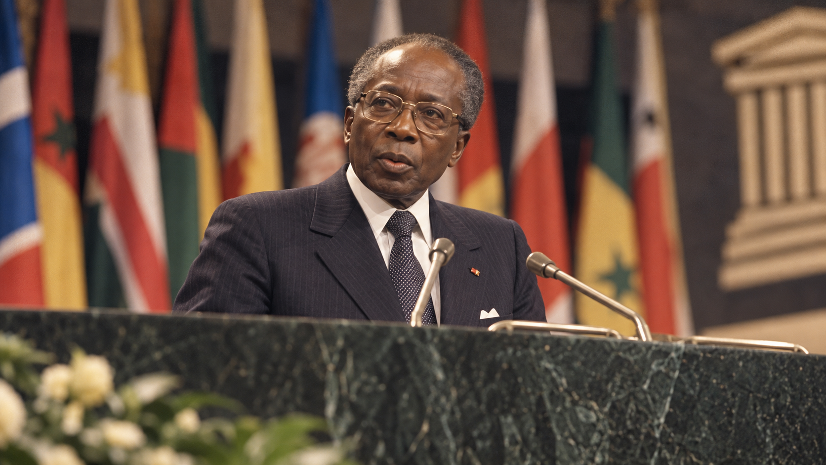 AI-generated editorial recreation of Léopold Sédar Senghor in the setting connected to the 1982 quotation.