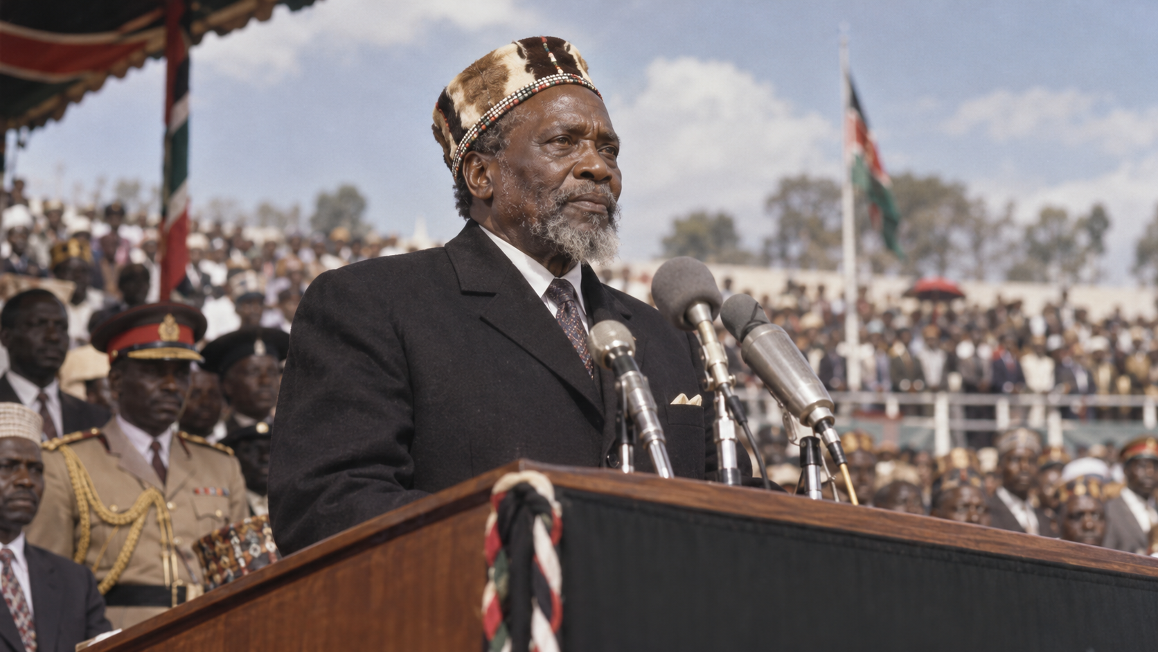 AI-generated editorial recreation of Jomo Kenyatta in the setting connected to the 1963 quotation.