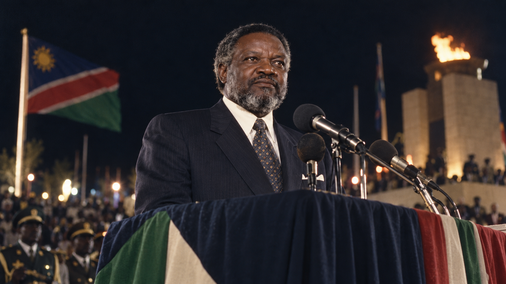 AI-generated editorial recreation of Sam Nujoma in the setting connected to the 1990 quotation.