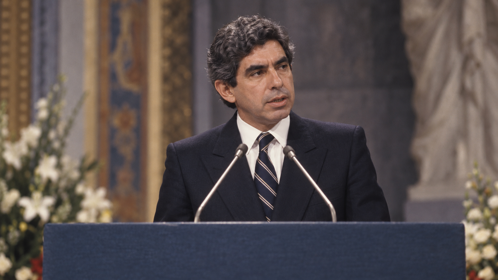 AI-generated editorial recreation of Oscar Arias Sánchez in the setting connected to the 1987 quotation.