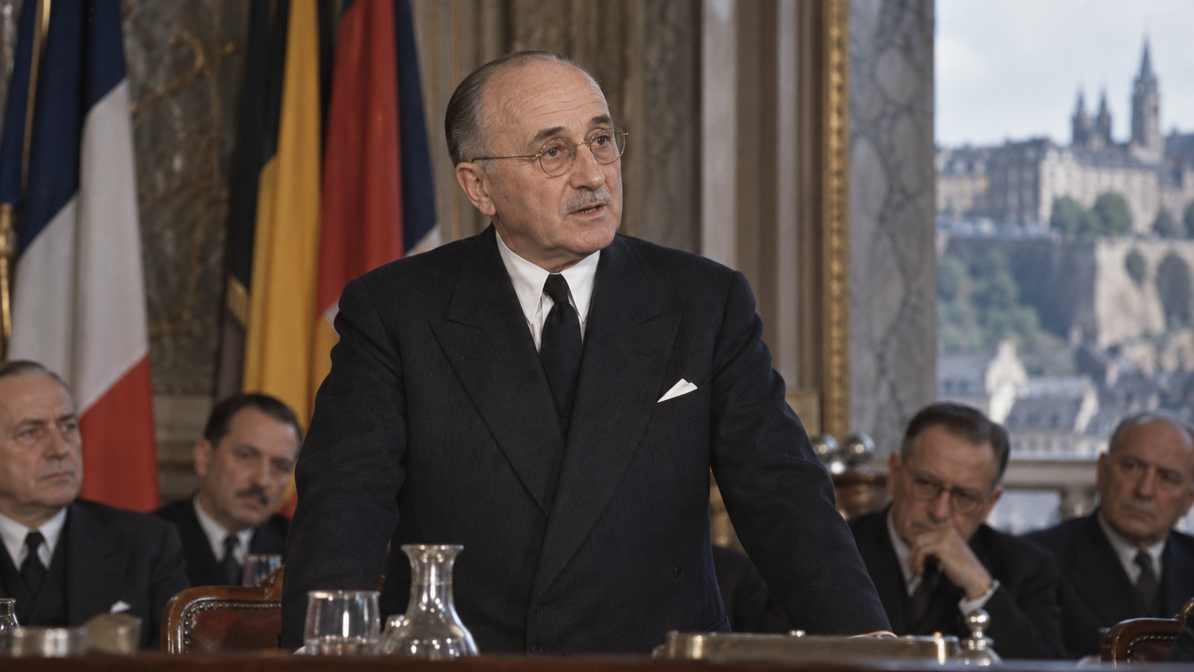 AI-generated editorial recreation of Jean Monnet in the setting connected to the 1952 quotation.