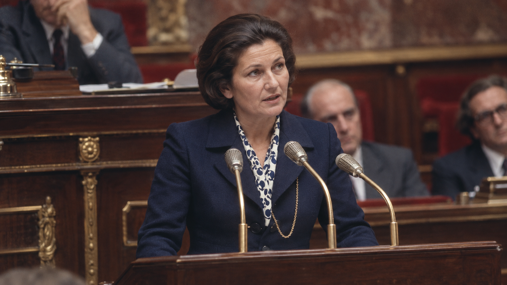 AI-generated editorial recreation of Simone Veil in the setting connected to the 1974 quotation.
