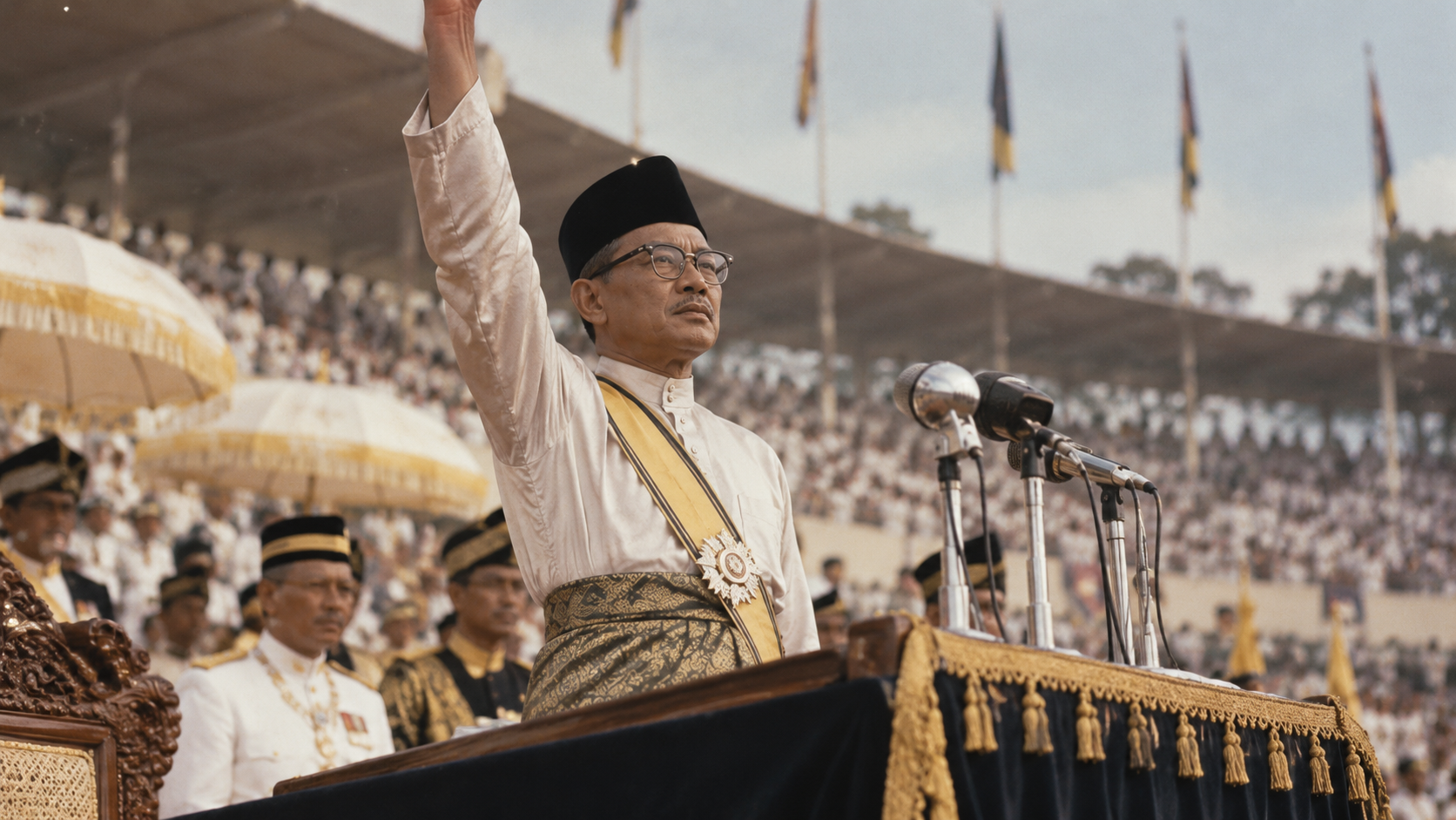 AI-generated editorial recreation of Tunku Abdul Rahman in the setting connected to the 1957 quotation.