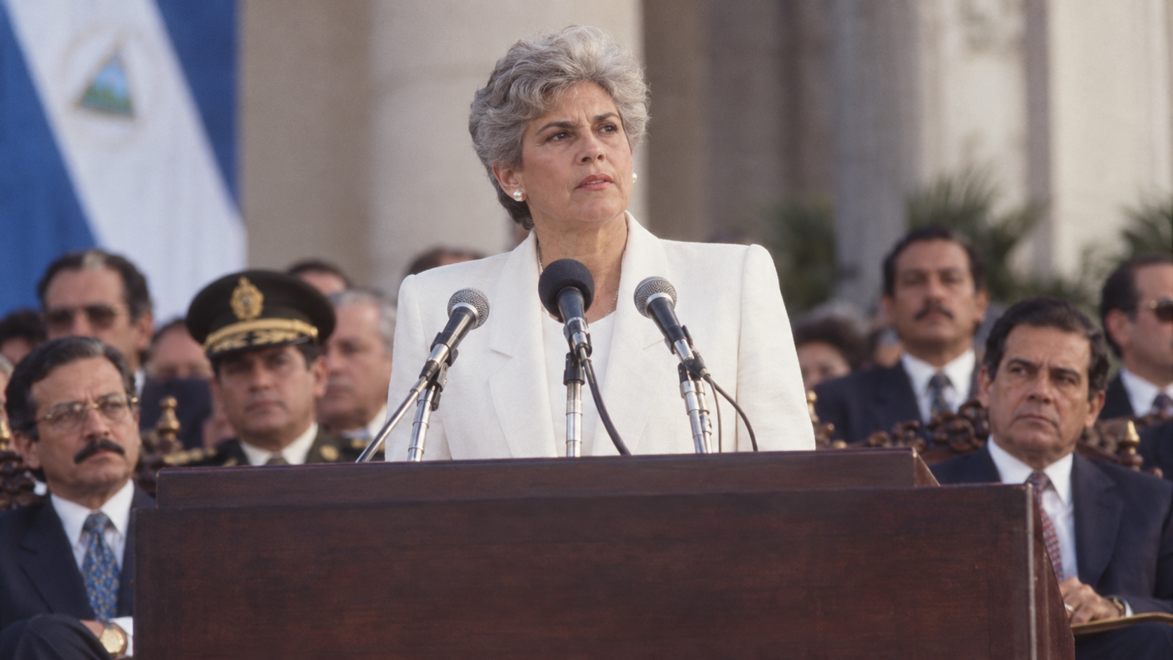 AI-generated editorial recreation of Violeta Barrios de Chamorro in the setting connected to the 1990 quotation.