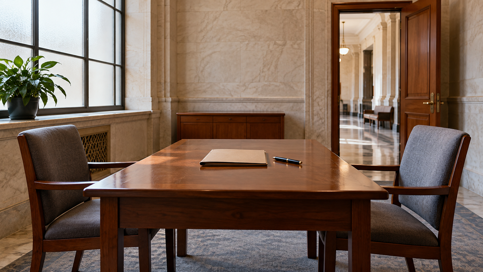 Two chairs and a plain case folder in a courthouse consultation room