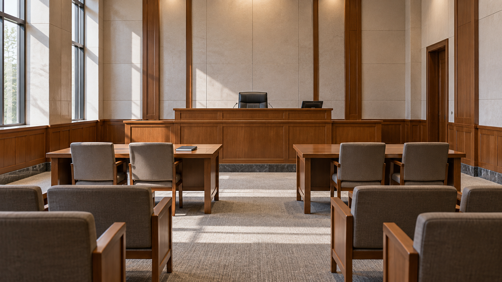 An empty hearing room with two tables and a raised officer’s desk