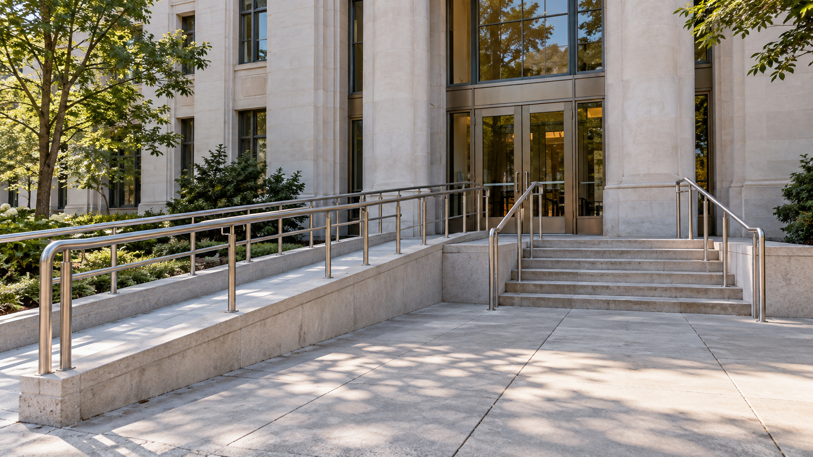 A civic building entrance with an accessible ramp beside stone steps
