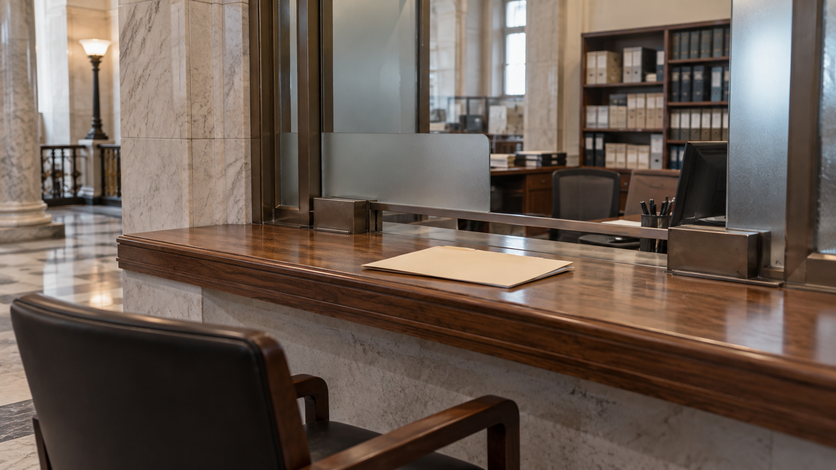 A plain case folder at a courthouse filing counter