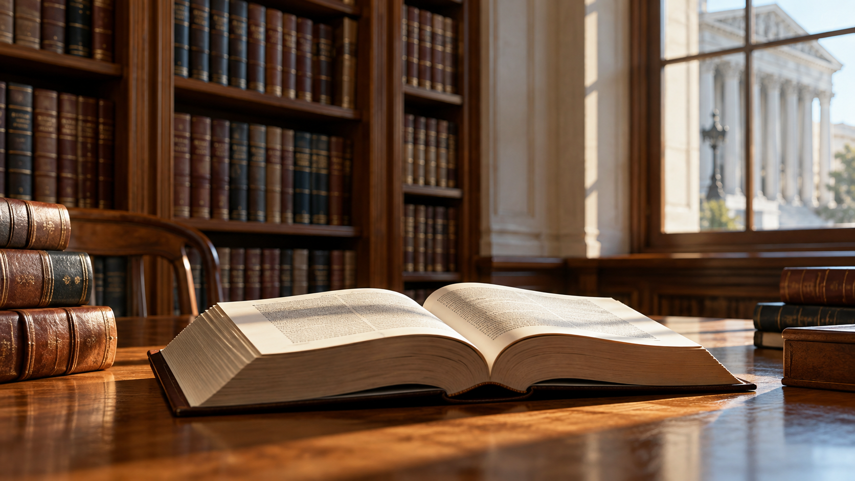 An open book on a wooden table in a law library
