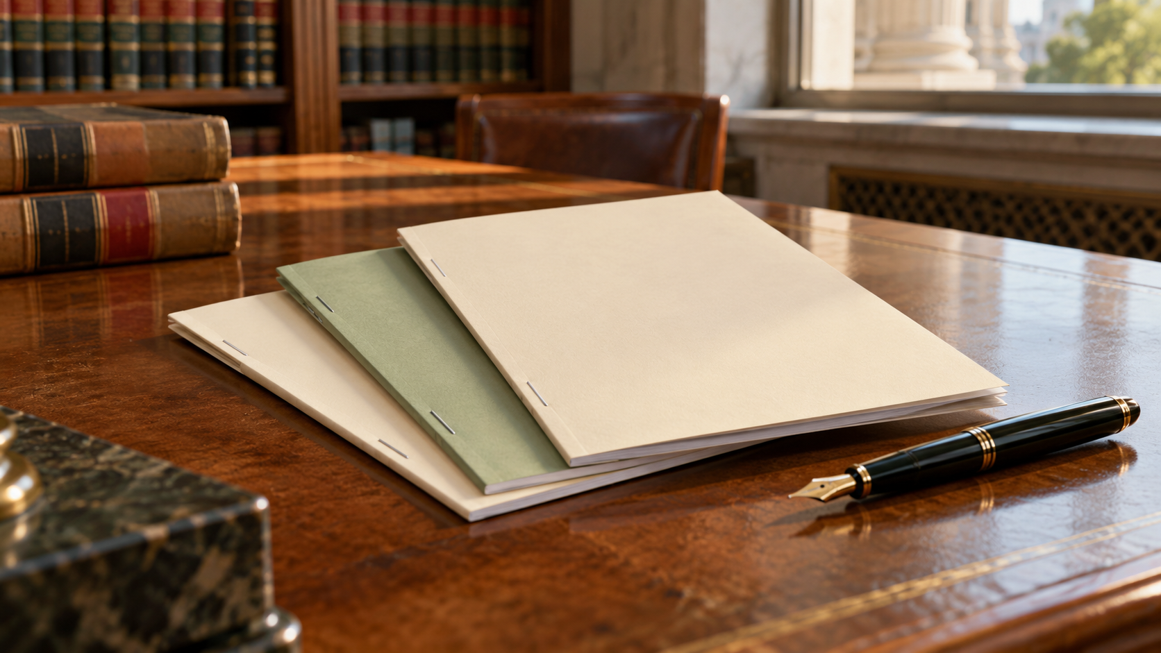 Plain cream and green legal booklets neatly stacked on a courthouse desk