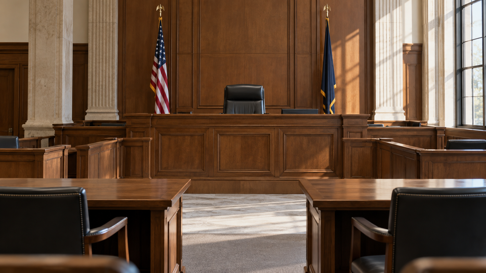 An empty wood-paneled courtroom with a judge’s bench and two counsel tables