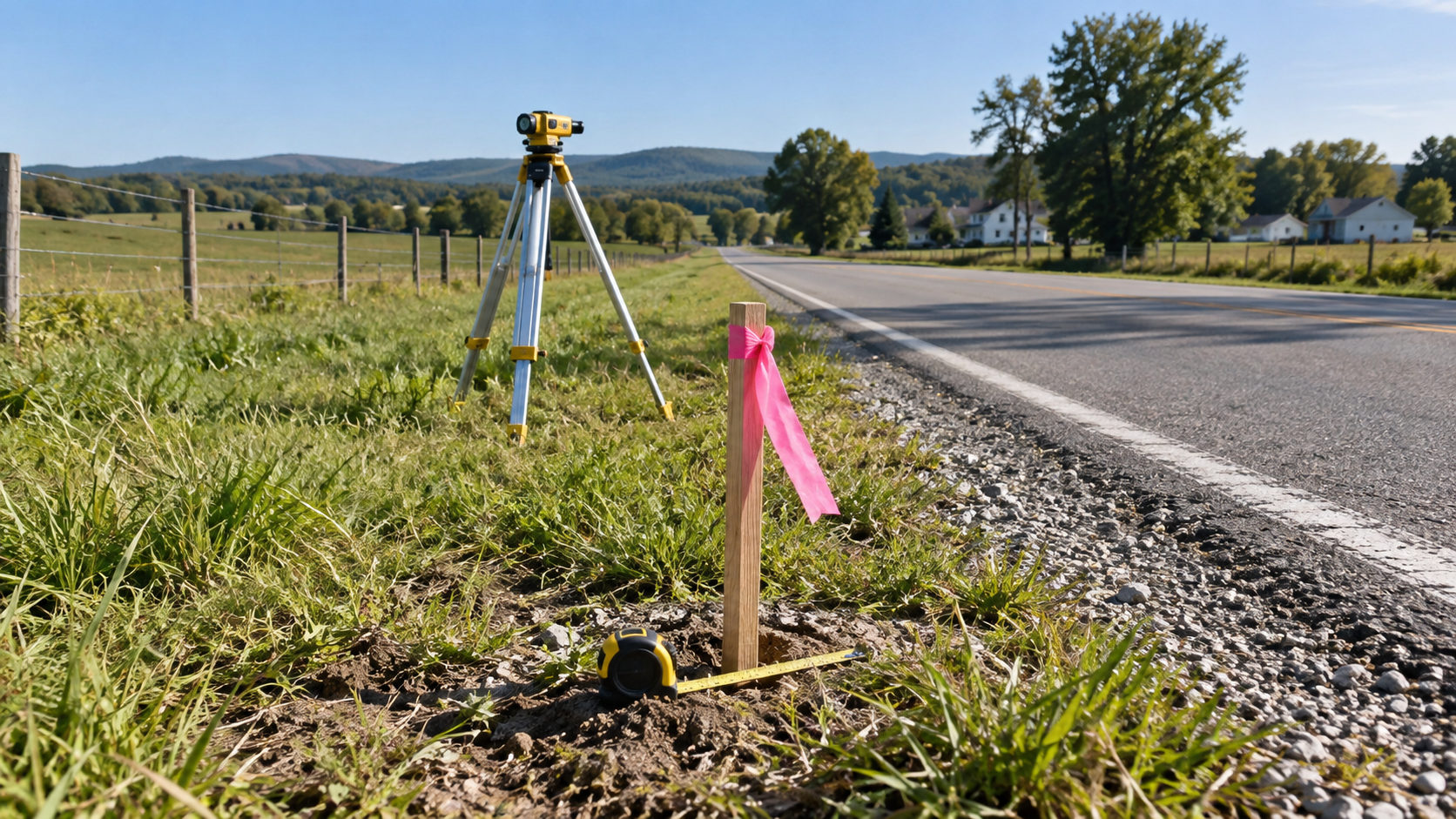 A survey tripod and marked stake beside a quiet rural road and field