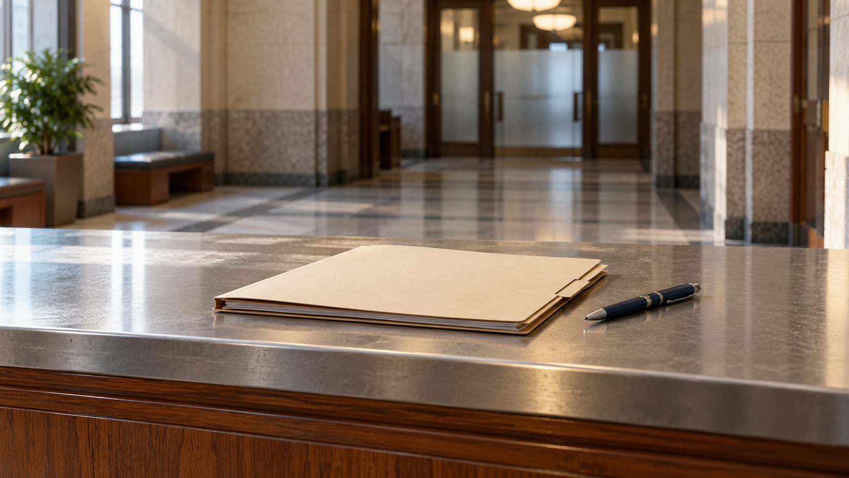 A plain case folder and pen at an empty government service counter