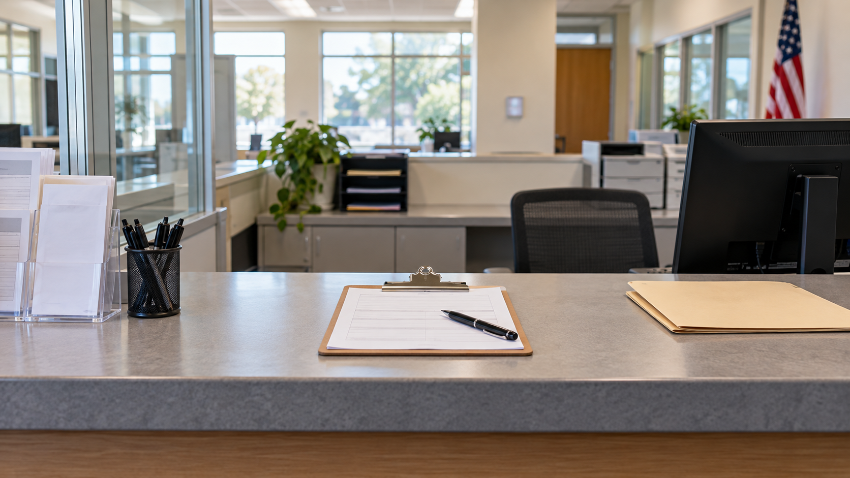 An anonymous registration form and pen on an election-office counter