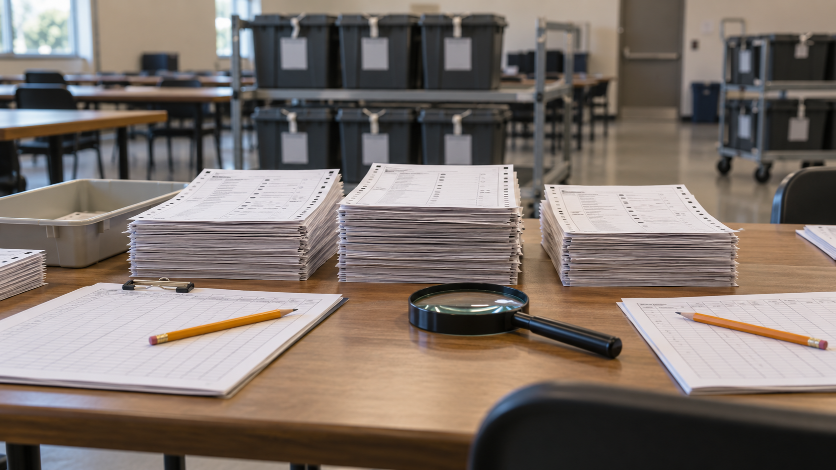 Stacks of anonymous paper ballots and tally sheets prepared for a recount