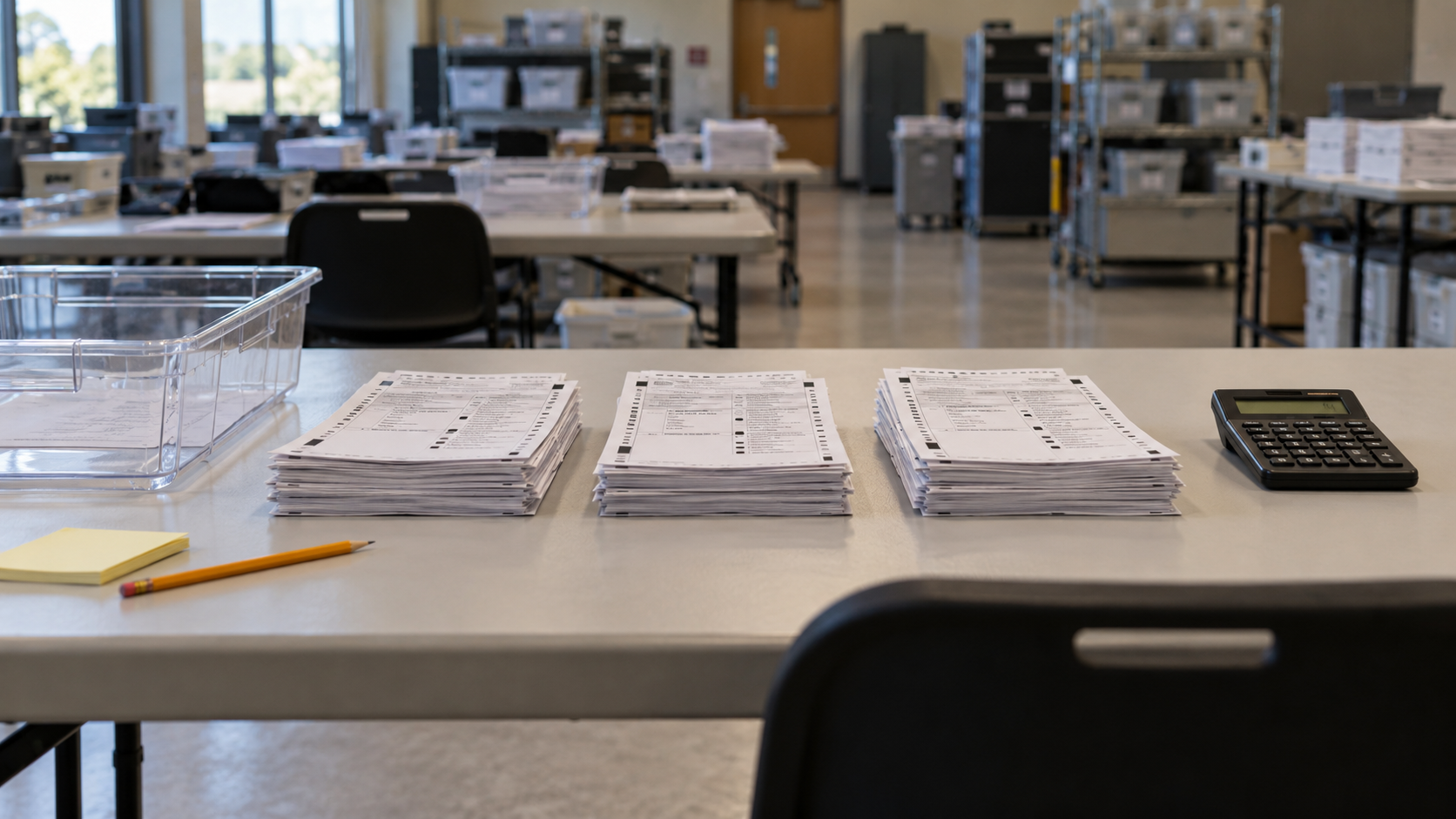 Three sample stacks of anonymous ballots, a transparent tray, and calculator