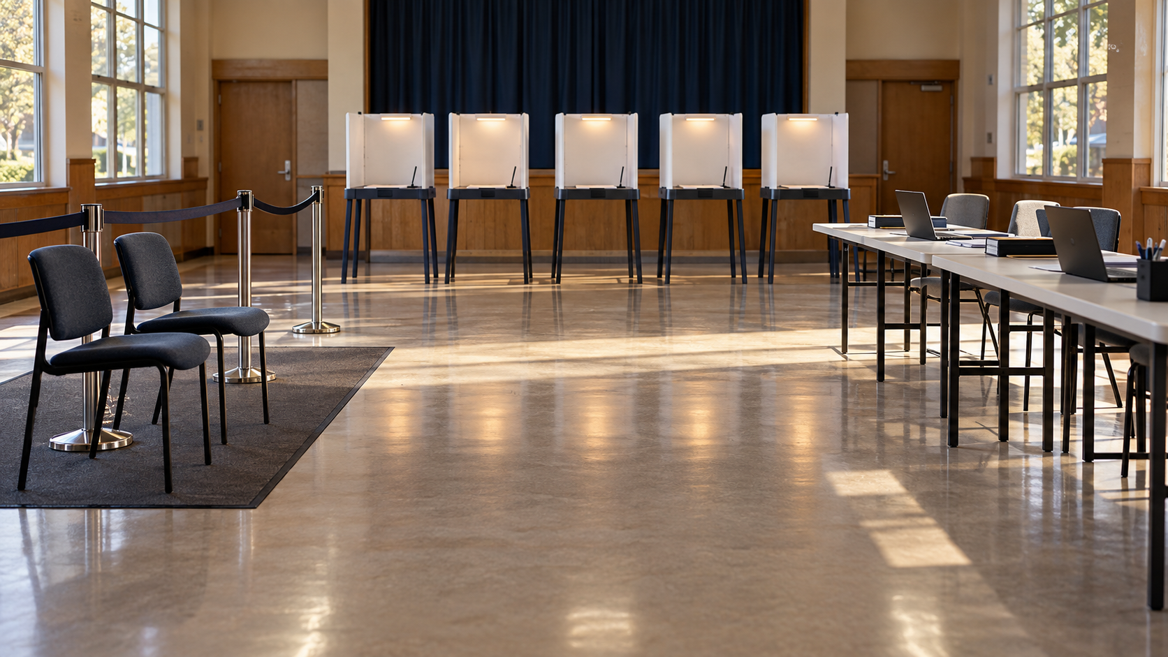 An empty polling place with privacy booths, check-in tables, and observer chairs