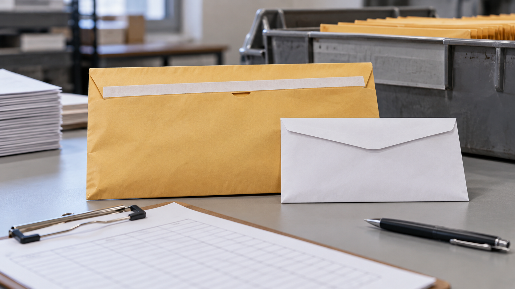 A large plain processing envelope and smaller secrecy envelope on an election desk