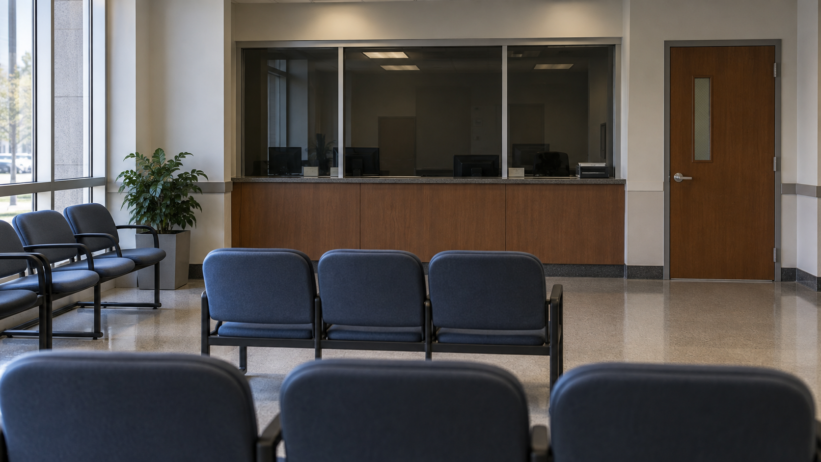 An empty government waiting room with chairs and a closed reception window