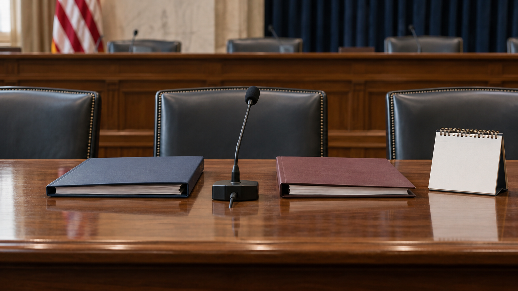 Plain legislative folders and a small desk calendar on an empty meeting table