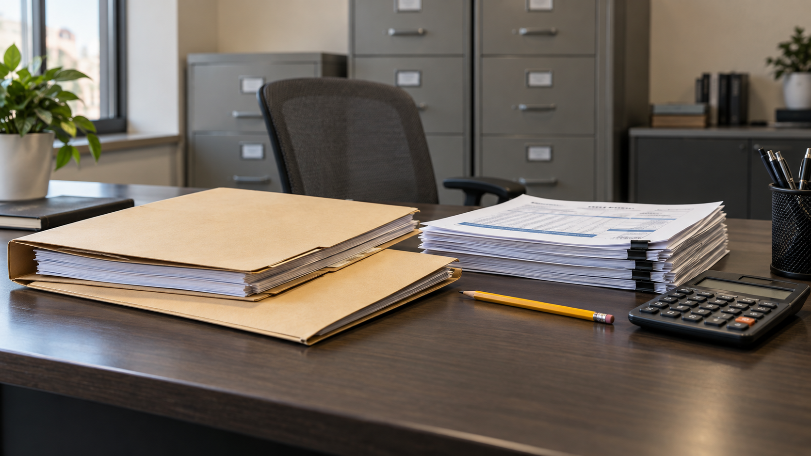 Anonymous audit folders, financial records, and calculator in an empty office