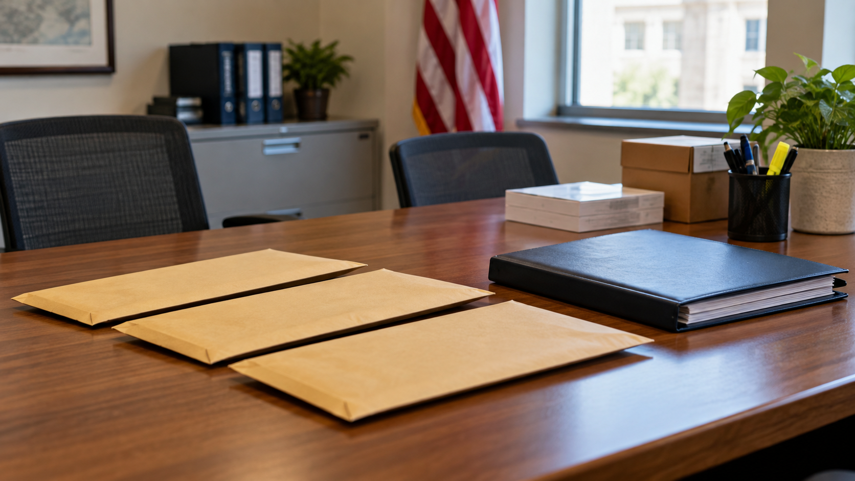 Three plain bid envelopes and an evaluation folder in an empty contracting office