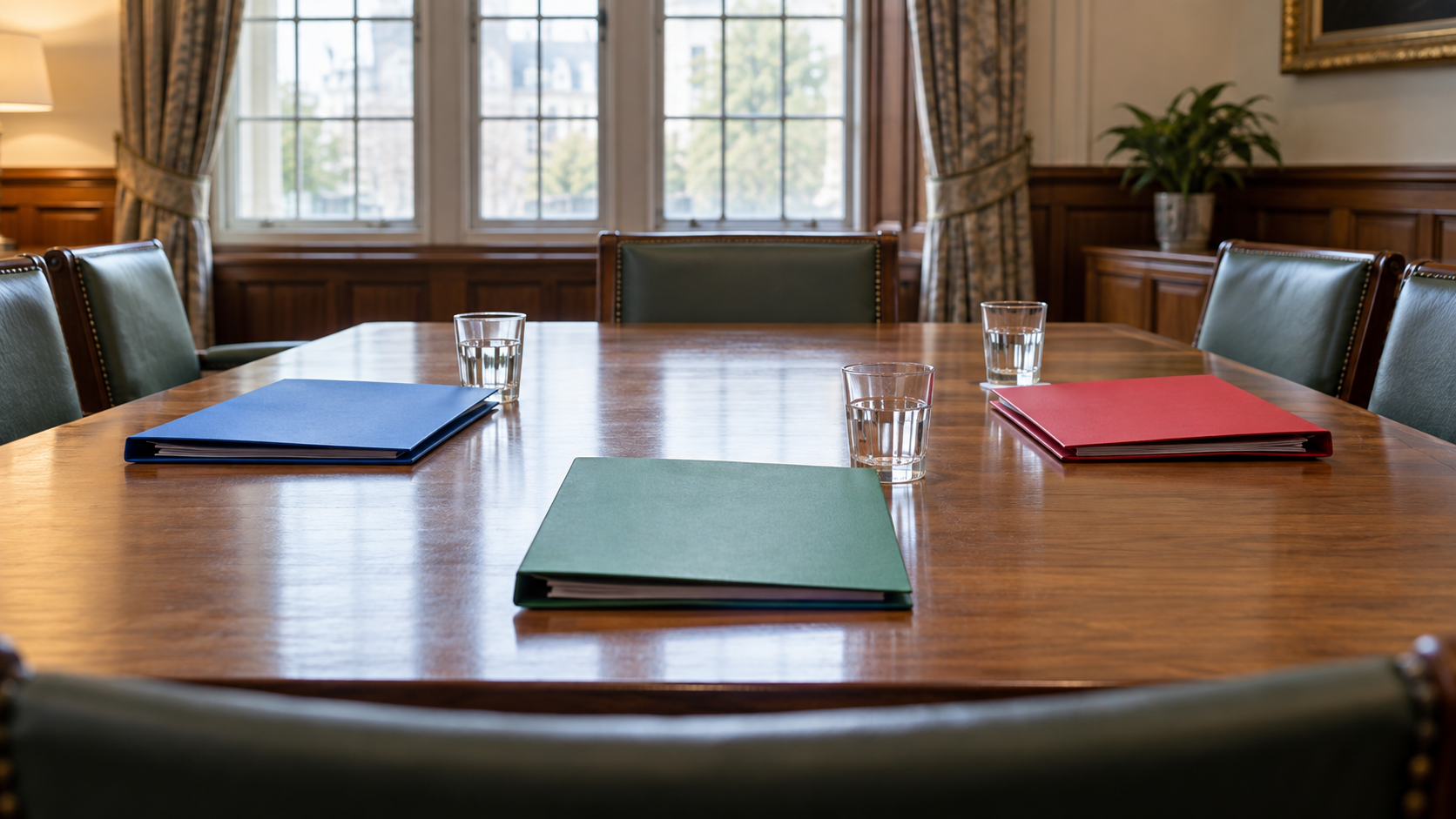 Three differently colored folders around an empty parliamentary negotiation table