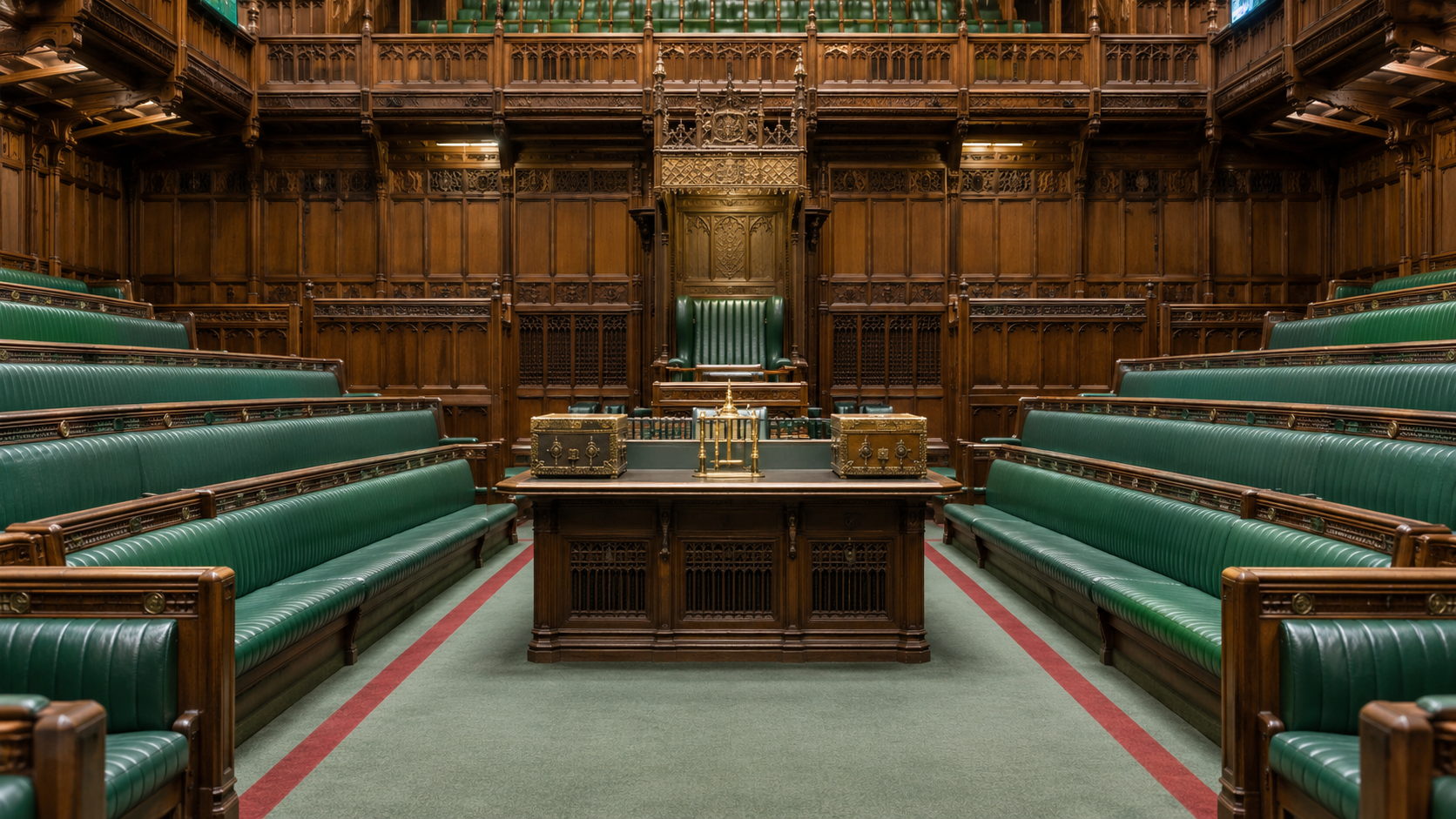 Opposing green benches and a central table in an empty parliamentary chamber