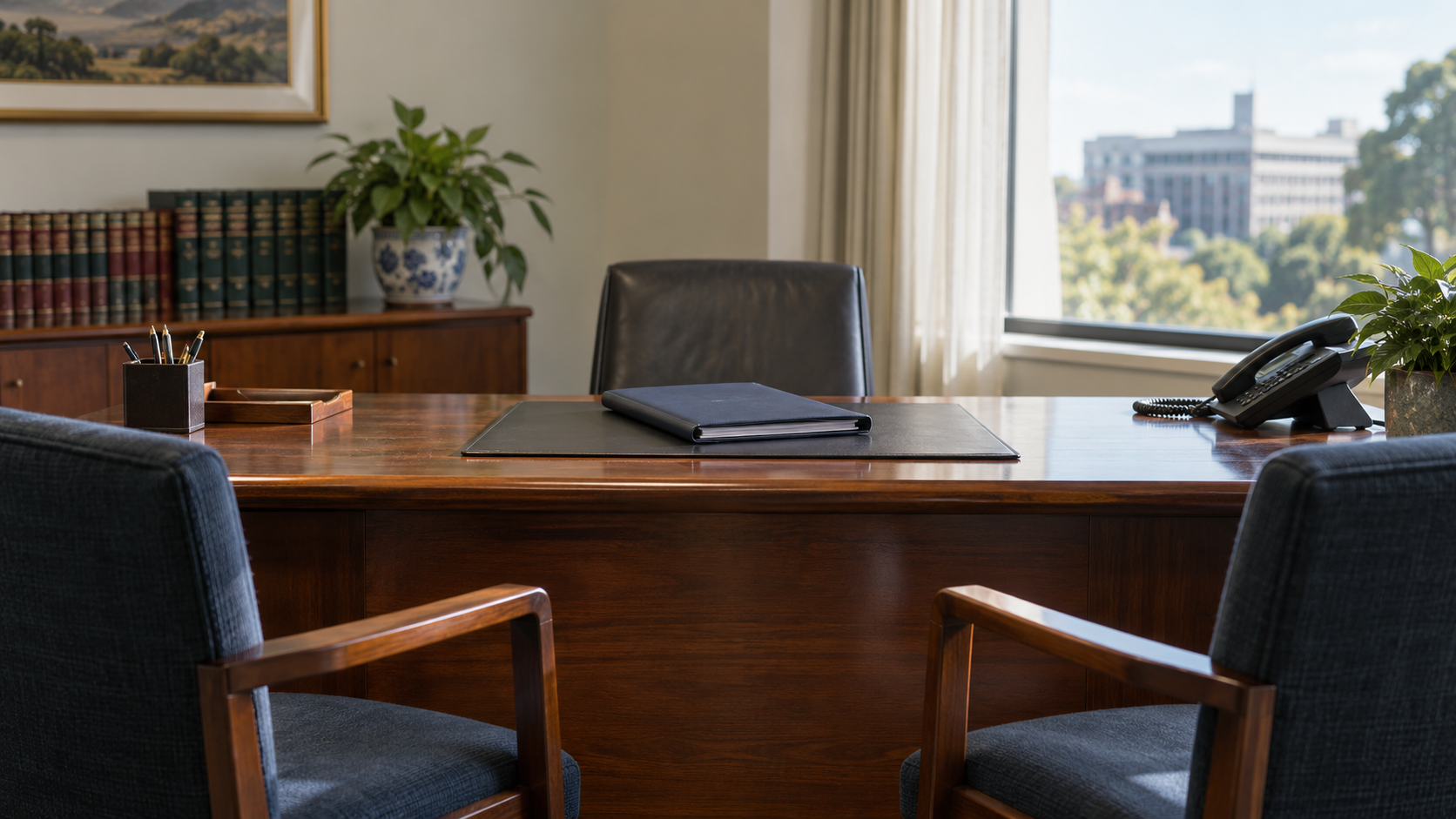 A plain handover folder and telephone on an empty ministerial office desk