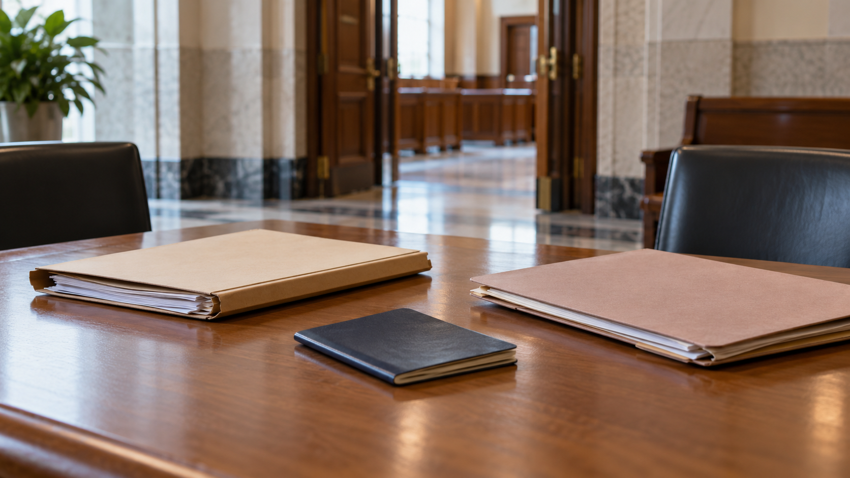Two plain legal folders and an unmarked travel-document booklet on a courthouse table