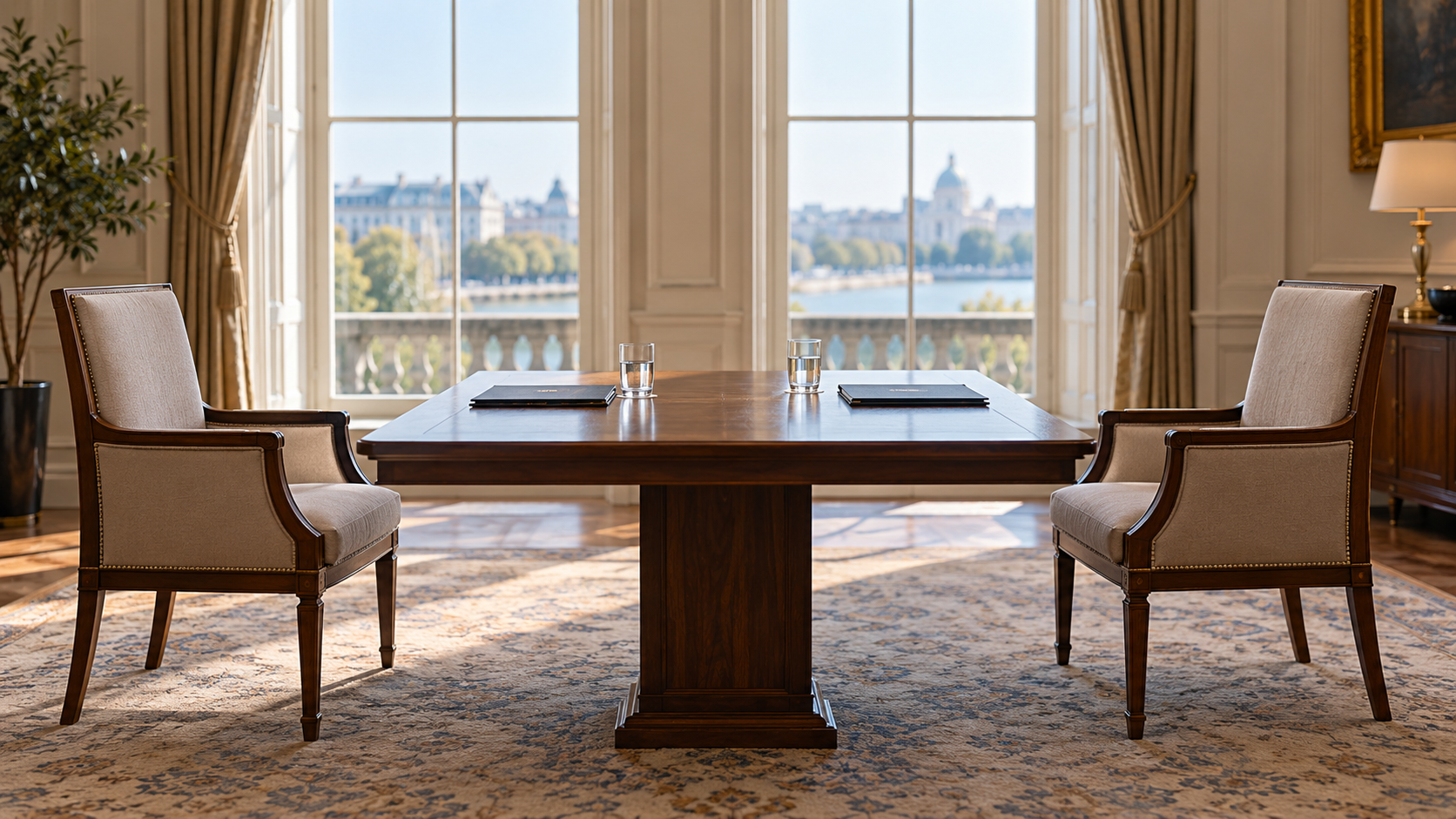 Two chairs and plain folders in an empty diplomatic meeting room