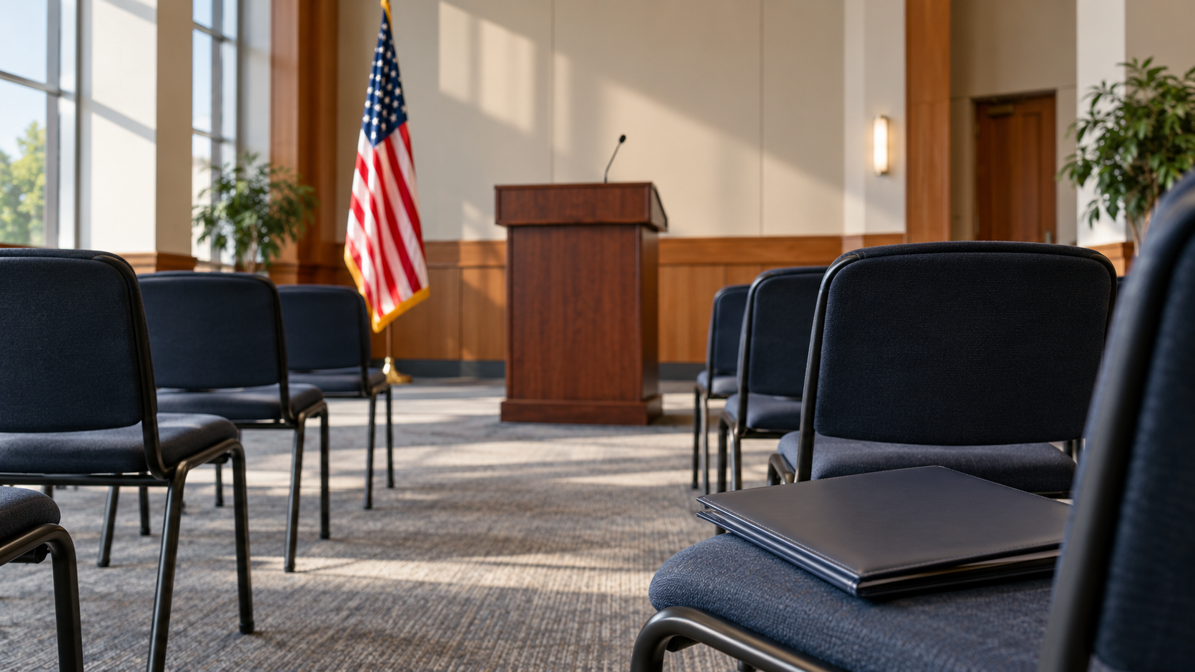 An empty civic ceremony room with a lectern, American flag, and document folder