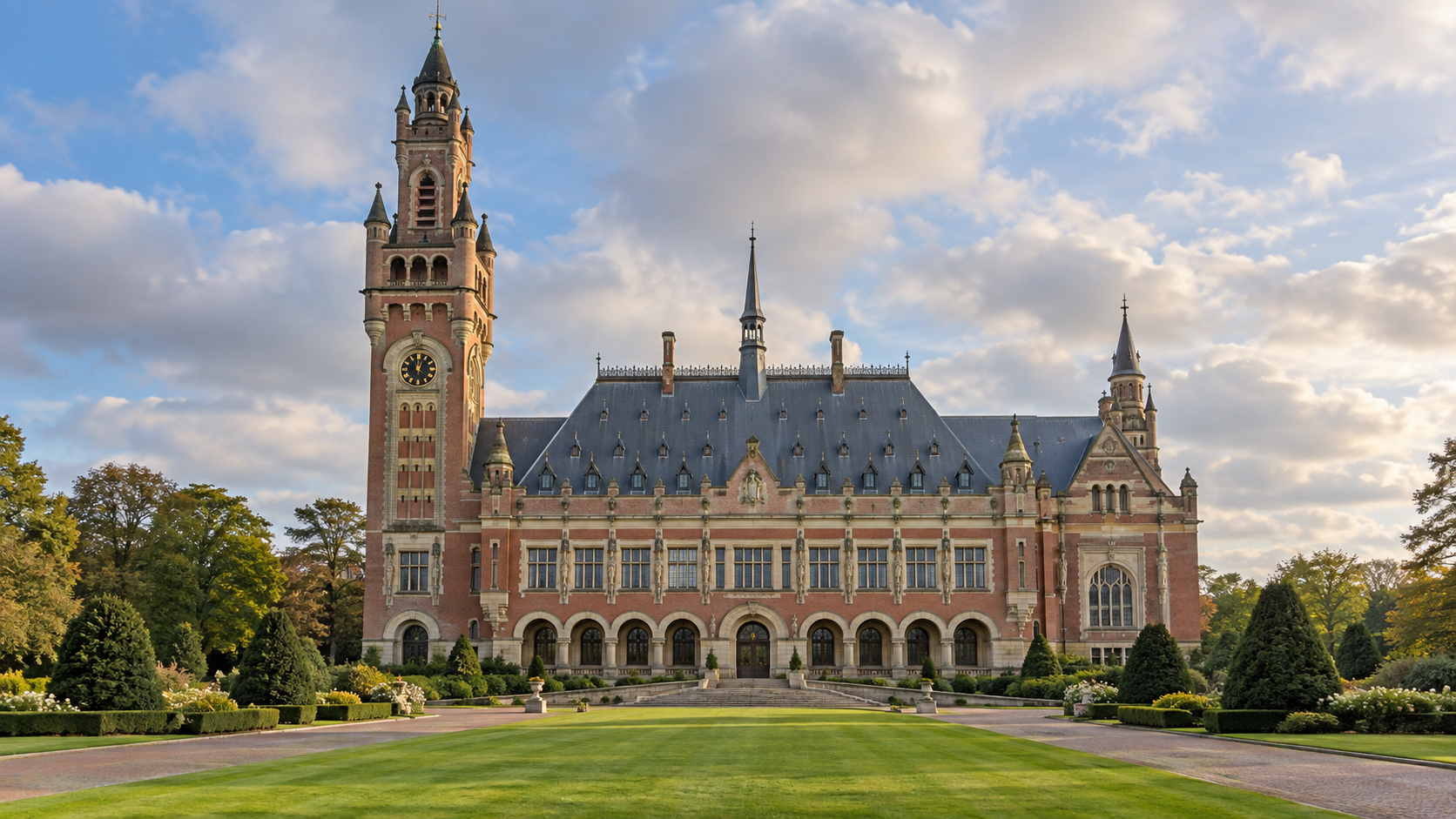 The red-brick Peace Palace and clock tower viewed across a landscaped lawn